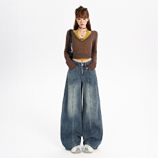 实拍~美式复古阔腿牛仔裤女2026新款高腰显瘦垂感宽松拖地直筒裤