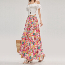 批发实拍~甜美油画碎花A字大摆半身裙女2026春度假风高腰休闲垂感长裙