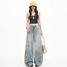 批发实拍~美式高腰复古涂鸦阔腿软牛仔长<b class='q'>裤</b>女<b class='q'>宽松</b>显瘦2026春夏弯刀<b class='q'>裤</b>