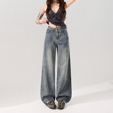 批发实拍~2026春秋新款<b class='q'>韩版</b>百搭宽松慵懒高腰复古烫钻阔腿显瘦<b class='q'>牛仔裤</b>