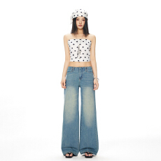 批发实拍~2026春夏新款<b class='q'>韩版</b>低腰无腰头水洗复古磨白宽松直筒<b class='q'>牛仔裤</b>女