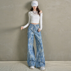 批发实拍~2026春夏新款<b class='q'>韩版</b>百搭爆款印花闪粉 浅蓝印花闪粉阔腿喇叭裤