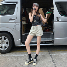 实拍~奶油杏工装短裤夏季新款美式设计感阔腿高腰显瘦a字牛仔热裤