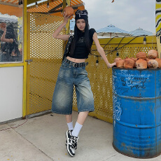 批发实拍~美式阔腿七分牛仔裤女2026年夏季现款宽松显瘦百搭直筒中裤