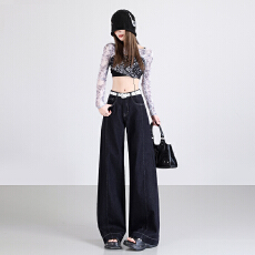 批发实拍~春夏丹宁蓝个性小众牛仔裤女2026年休闲中腰韩版直筒阔腿裤