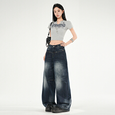 批发<b class='q'>实拍</b>~2026休闲校园风｜酷飒日系｜毛须腰头设计春夏阔腿牛仔<b class='q'>裤</b>女