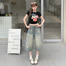 批发实拍~美式复古星星印花牛仔短裤<b class='q'>女</b>做旧水洗宽松阔腿休闲<b class='q'>七分裤</b>ins