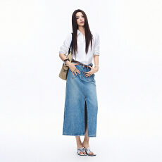 批发实拍~夏季新款高腰开叉牛仔裙女小个子中长款<b class='q'>复古</b>a字包臀半身裙潮
