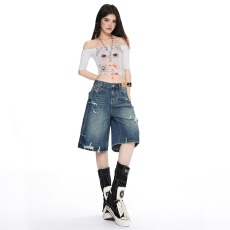 批发<b class='q'>实拍</b>~磨白破洞毛边五分<b class='q'>阔腿裤</b>女2026年夏季新款高腰宽松遮跨百搭
