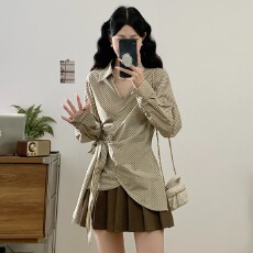 批发实拍~秋季新款法式翻领绑带收腰显瘦条纹长袖大码衬衫上衣女