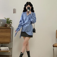 批发实拍~秋季新款法式翻领绑带收腰显瘦条纹长袖大码衬衫上衣女