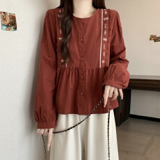 批发实拍~法式刺绣圆领大码衬衫女秋季新款休闲百搭长袖上衣小衫