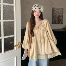 批发实拍~法式绑带圆领蕾丝花边宽松大码娃娃衫秋季新款显瘦上衣女