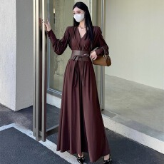 批发实拍法式气质春季新款腰封系带收腰显瘦高级感V领大码连衣裙