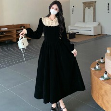 批发实拍~法式复古秋冬新款长裙黑色丝绒蕾丝拼接气质大码连衣裙女