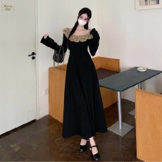 批发实拍~法式赫本风黑色长袖大码连衣裙秋冬新款蕾丝拼接气质长裙