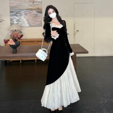 批发实拍法式复古浪漫蕾丝拼接设计感收腰显廋秋冬新款丝绒大码连衣裙