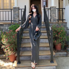 批发实拍法式V领大码<b class='q'>连衣裙</b>春新款气质通勤优雅收腰显瘦高弹垂感长裙