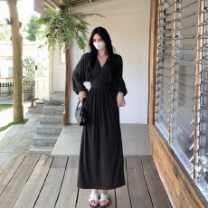 批发实拍法式V领大码<b class='q'>连衣裙</b>春新款气质通勤优雅收腰显瘦高弹垂感长裙