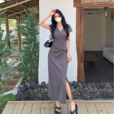 批发实拍交叠V领长款大码<b class='q'>连衣裙</b>夏季新款优雅气质掐腰显瘦长裙女