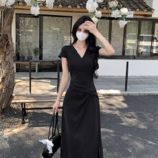 批发实拍交叠V领长款大码<b class='q'>连衣裙</b>夏季新款优雅气质掐腰显瘦长裙女