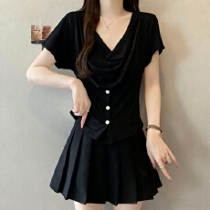 批发实拍设计感荡领短袖T恤女夏季新款韩系单排纽扣收腰显瘦大码上衣