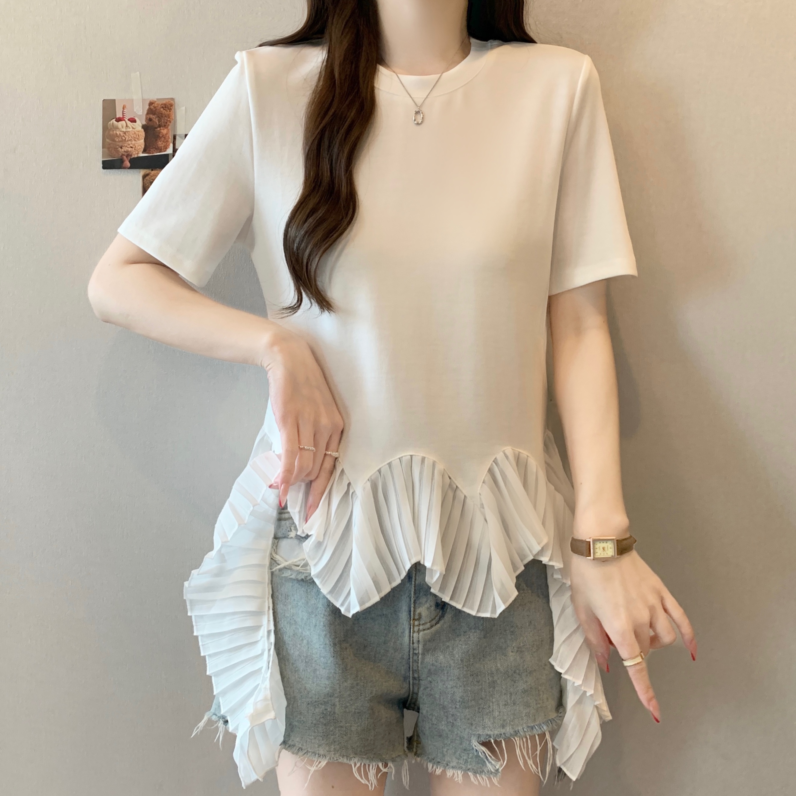 RY3927# 实拍短袖T恤女夏季新款韩系设计感拼接下摆宽松遮肉显瘦大码上衣