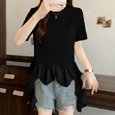 批发实拍短袖T恤女夏季新款韩系设计感拼接下摆宽松遮肉显瘦大码上衣