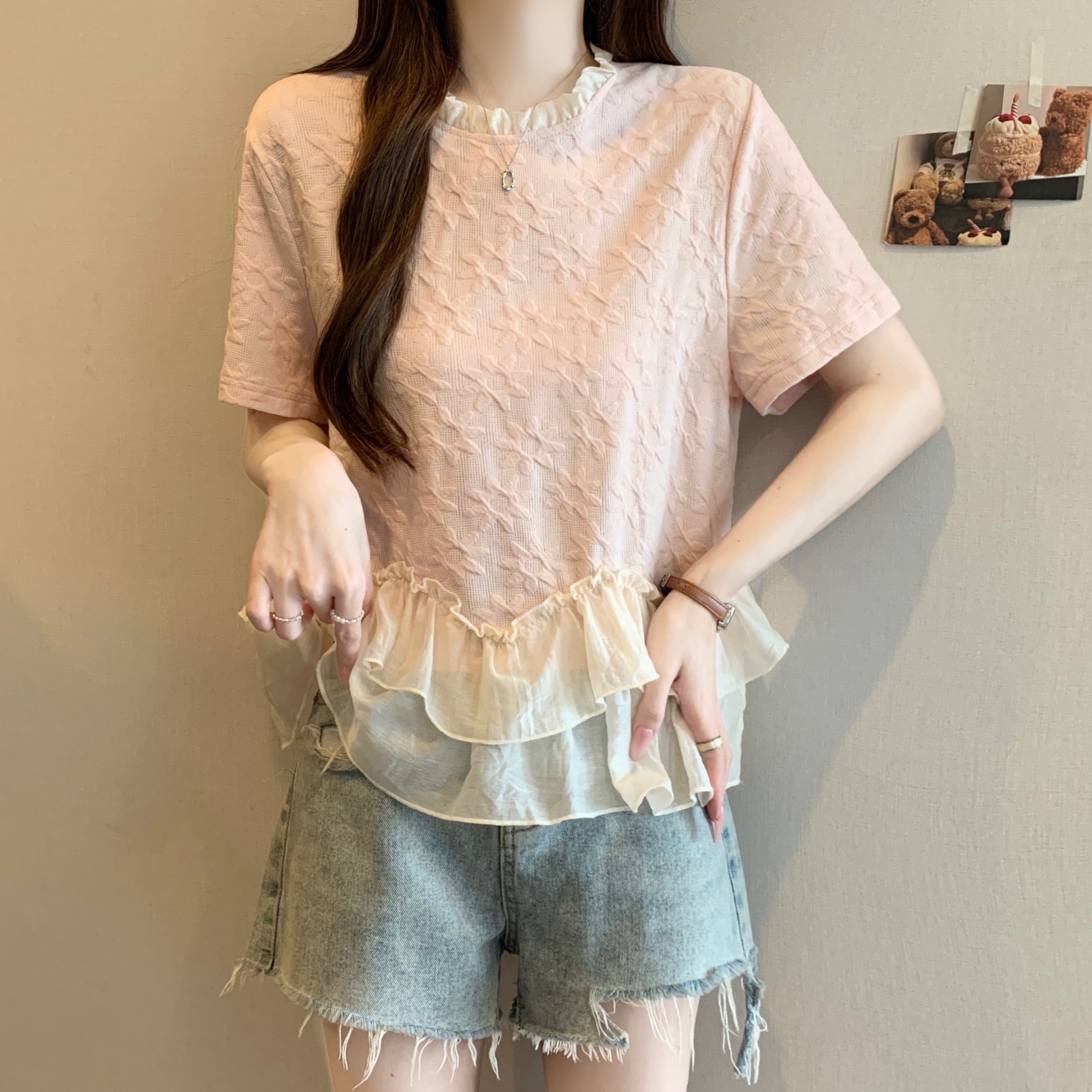 RY3926# 实拍设计感花边套头遮肉显瘦大码T恤女夏季新款小众减龄短袖上衣