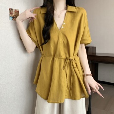 批发实拍夏季新款休闲宽松显瘦时尚百搭上衣设计感v领短袖<b class='q'>大码</b>衬衫女