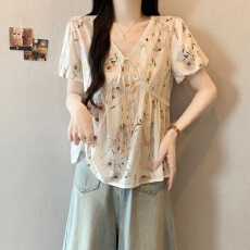 批发实拍夏季新款胖MM碎花娃娃衫泡泡袖宽松显瘦大码衬衫上衣女小衫