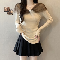 批发实拍韩系设计感秋季<b class='q'>新款</b>修身显瘦扭结撞色拼接长袖大码T恤<b class='q'>打底衫</b>