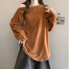 批发法式一字领丝绒简约气质秋冬新款大码宽松慵懒百搭小衫打底上衣女