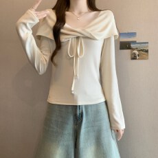 批发实拍设计感长袖磨毛加绒打底T恤女冬季新款大码显瘦气质上衣