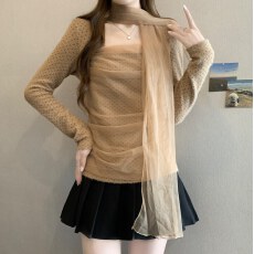 批发实拍加绒网纱拼接波点设计感冬季新款大码修身显瘦小衫打底上衣