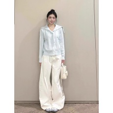 批发韩系chic穿搭蓝色海军领<b class='q'>针织</b>开衫毛衣外套女春秋季宽松慵懒风上衣