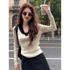 批发法式撞色V领花朵长袖针织衫女2025秋冬季设计感<b class='q'>修身</b>显瘦百搭上衣