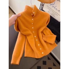 批发今年新款2025秋季新品<b class='q'>大码</b>橘色立领针织开衫女长袖高级感软糯毛衣