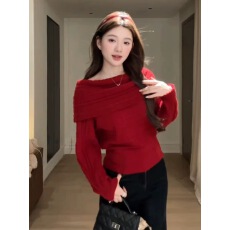 批发2025新款圣诞穿搭一字肩红色毛衣女秋冬慵懒高级感针织衫内搭上衣