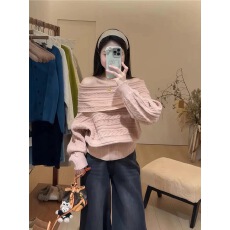 批发韩系一字领绞花毛衣女2025新款秋冬温柔风收腰显瘦露肩针织上衣