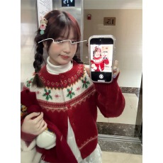 批发软糯红色菲尔岛提花<b class='q'>毛衣</b>开衫女冬季新款<b class='q'>韩版</b>宽松针织上衣