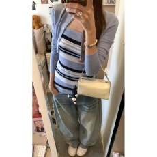 2026超火早春多巴胺穿搭一整套撞色条纹短款开衫吊带背心两件套装