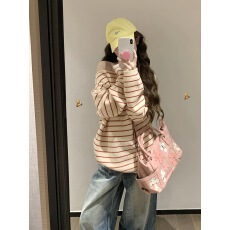 批发韩系复古斜肩条纹撞色针织<b class='q'>毛衣</b>女春季宽松设计感显瘦慵懒休闲上衣