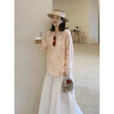 批发粉色立体花朵长袖冰丝<b class='q'>针织</b>衫女夏季薄款外搭宽松微透防晒<b class='q'>罩衫</b>上衣