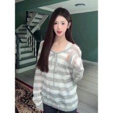 批发撞色条纹抽绳长袖<b class='q'>针织</b>衫女夏季薄款外搭宽松微透防晒空调<b class='q'>罩衫</b>上衣