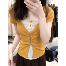 批发美式辣妹多巴胺<b class='q'>假两件</b>短袖t恤女夏季设计感撞色蕾丝超好看上衣潮