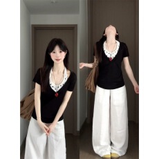 批发韩系复古拼接黑色短袖<b class='q'>t</b><b class='q'>恤</b>外衫女夏季修身显瘦挂脖背心叠穿两件套