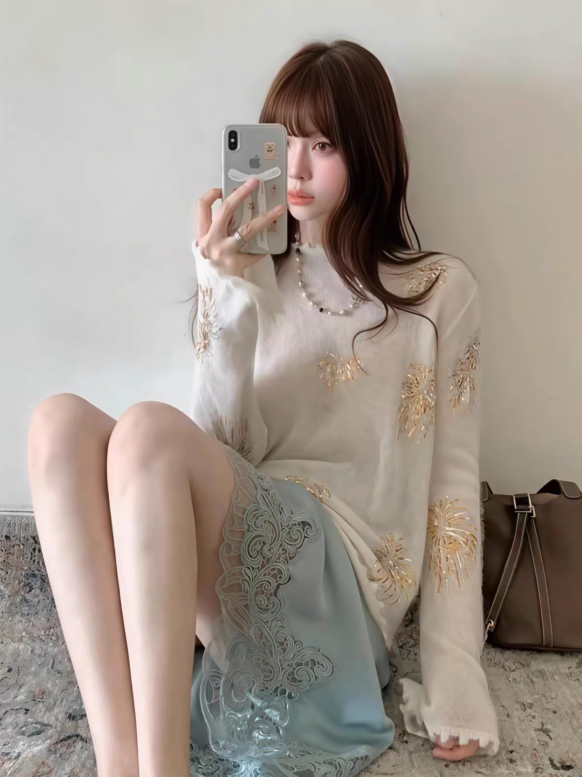BY34359# 温柔风杏色小高领长袖针织衫女装新款秋季ins韩式设计感上衣 服裝批發女裝批發服飾貨源