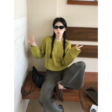 批发慵懒小香风韩系穿搭绿色短款针织衫毛衣2026秋冬新款秋季上衣女装