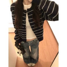 批发藏青条纹针织<b class='q'>开衫</b>外套女2026秋季新款韩版宽松长袖上衣潮